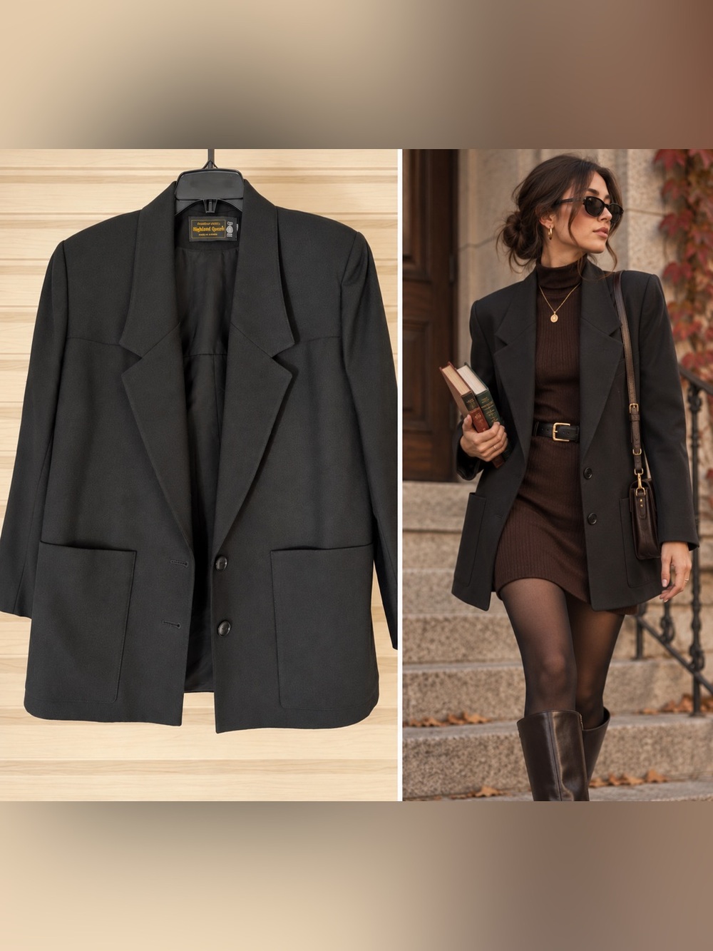 Vintage Highland Queen 100% Wool Black Blazer Size 10
